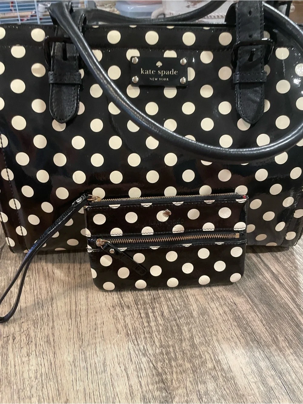 kate spade Black and Cream Polka Dot Tote with Matching Wristlet